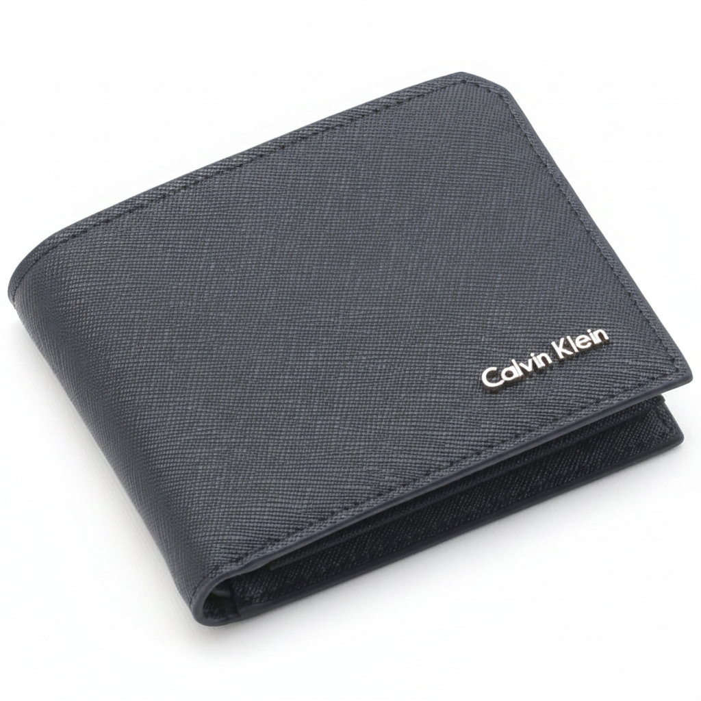 Perspective view of a standing Calvin Klein men's navy blue saffiano leather bifold wallet showcasing the textured finish and silver metal logo on the front