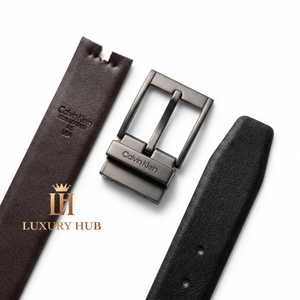 Macro photography of the high-quality real leather texture and interior branding on the CK belt