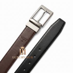 Calvin Klein double-face belt display showing both the black and brown premium leather sides