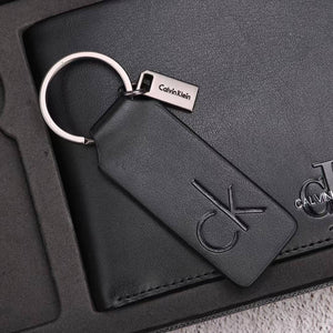 Close up of Calvin Klein Rectangular Black Leather Key Fob