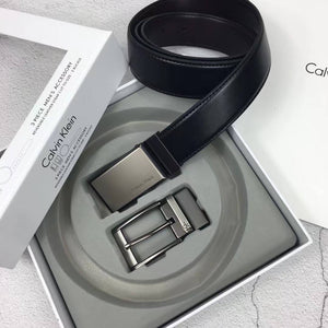 Calvin Klein Black Leather Belt Strap with Silver Plaque Buckle