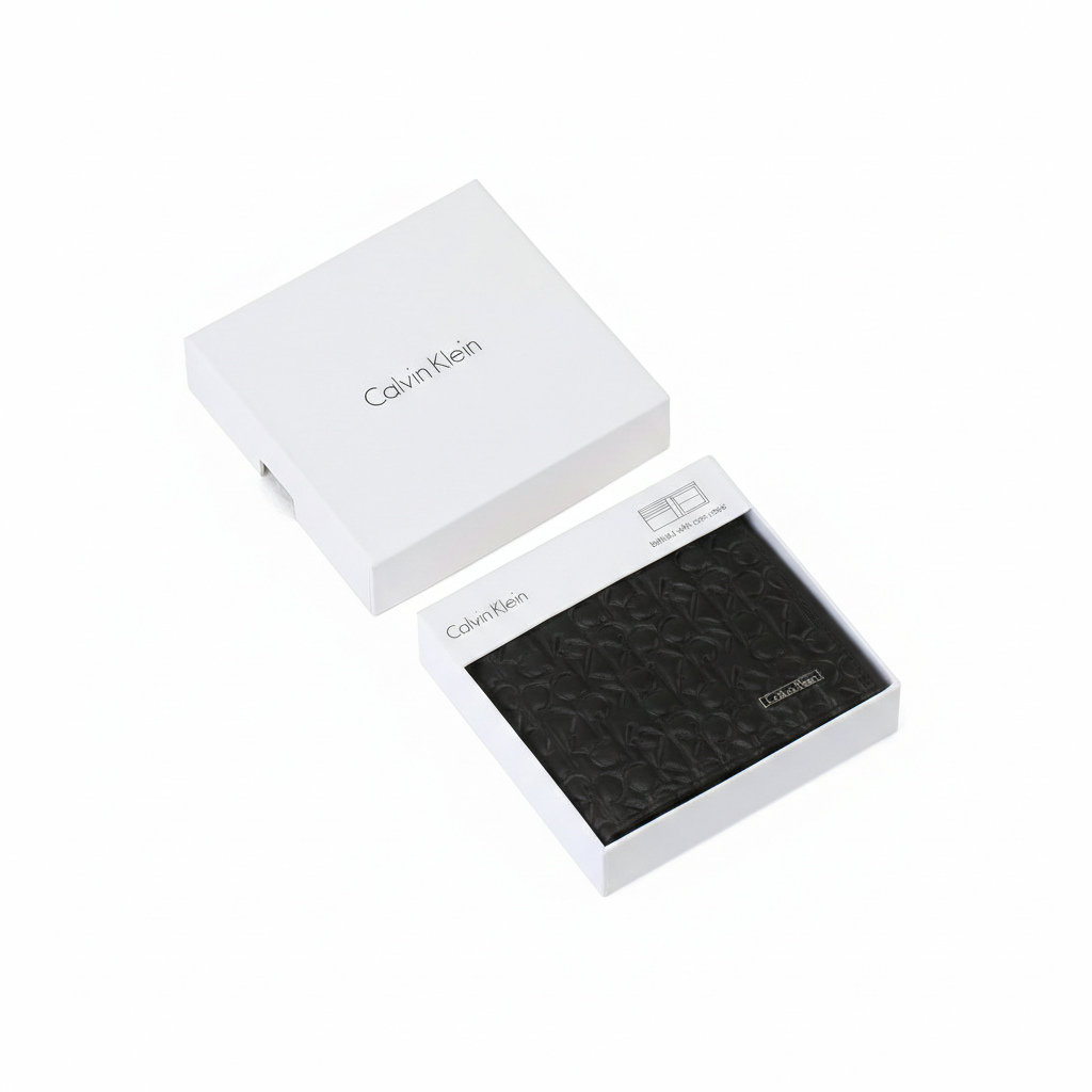 Calvin Klein Wallet Displayed in Open Gift Box Angled View