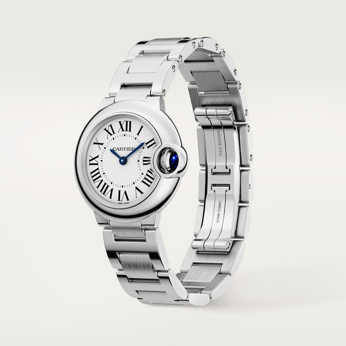 Cartier Ballon Bleu de Cartier women's quartz watch, 33mm case, silver dial, silver stainless steel bracelet – angle view