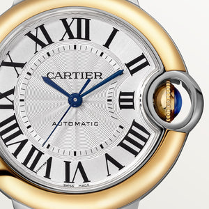 Cartier Ballon Bleu de Cartier women's quartz watch, 33mm case, silver dial, two-tone stainless steel bracelet – dial close-up