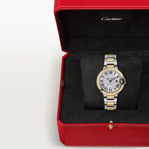 Cartier Ballon Bleu de Cartier women's quartz watch, 33mm case, silver dial, two-tone stainless steel bracelet – presentation box view