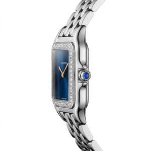 Cartier Panthère de Cartier women's quartz watch, medium model case, blue dial, stone-set bezel, silver stainless steel bracelet – view 3