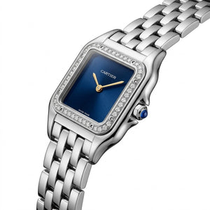 Cartier Panthère de Cartier women's quartz watch, medium model case, blue dial, stone-set bezel, silver stainless steel bracelet – view 4