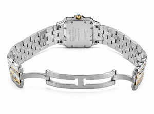 Cartier Panthère de Cartier women's quartz watch, medium model case, green dial, stone-set bezel, two-tone gold-tone stainless steel bracelet – clasp view