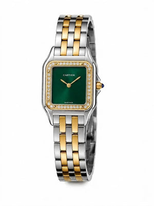 Cartier Panthère de Cartier women's quartz watch, medium model case, green dial, stone-set bezel, two-tone gold-tone stainless steel bracelet – front view