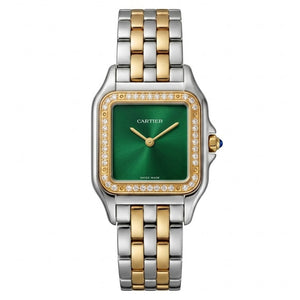 Cartier Panthère de Cartier women's quartz watch, medium model case, green dial, stone-set bezel, two-tone gold-tone stainless steel bracelet – view 1