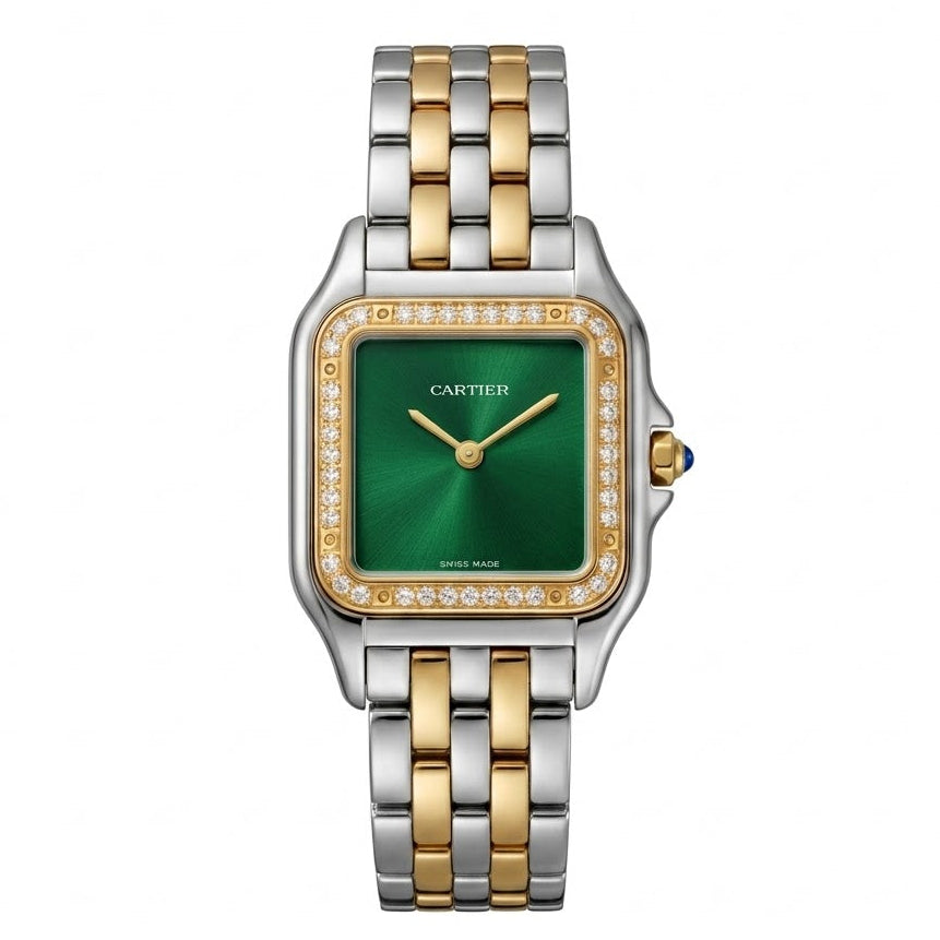 Cartier Panthère de Cartier women's quartz watch, medium model case, green dial, stone-set bezel, two-tone gold-tone stainless steel bracelet – view 2
