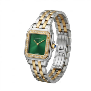 Cartier Panthère de Cartier women's quartz watch, medium model case, green dial, stone-set bezel, two-tone gold-tone stainless steel bracelet – view 3