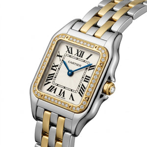 Cartier Panthère de Cartier women's quartz watch, medium model case, silver dial, stone-set bezel, two-tone gold-tone stainless steel bracelet – view 4