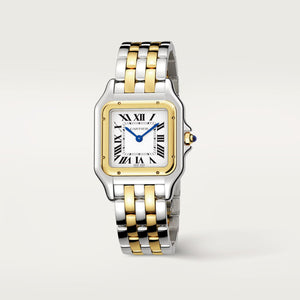 Cartier Panthère de Cartier women's quartz watch, medium model case, silver dial, two-tone gold-tone stainless steel bracelet – angle view