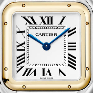Cartier Panthère de Cartier women's quartz watch, medium model case, silver dial, two-tone gold-tone stainless steel bracelet – dial close-up