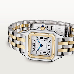 Cartier Panthère de Cartier women's quartz watch, medium model case, silver dial, two-tone gold-tone stainless steel bracelet – side angle view