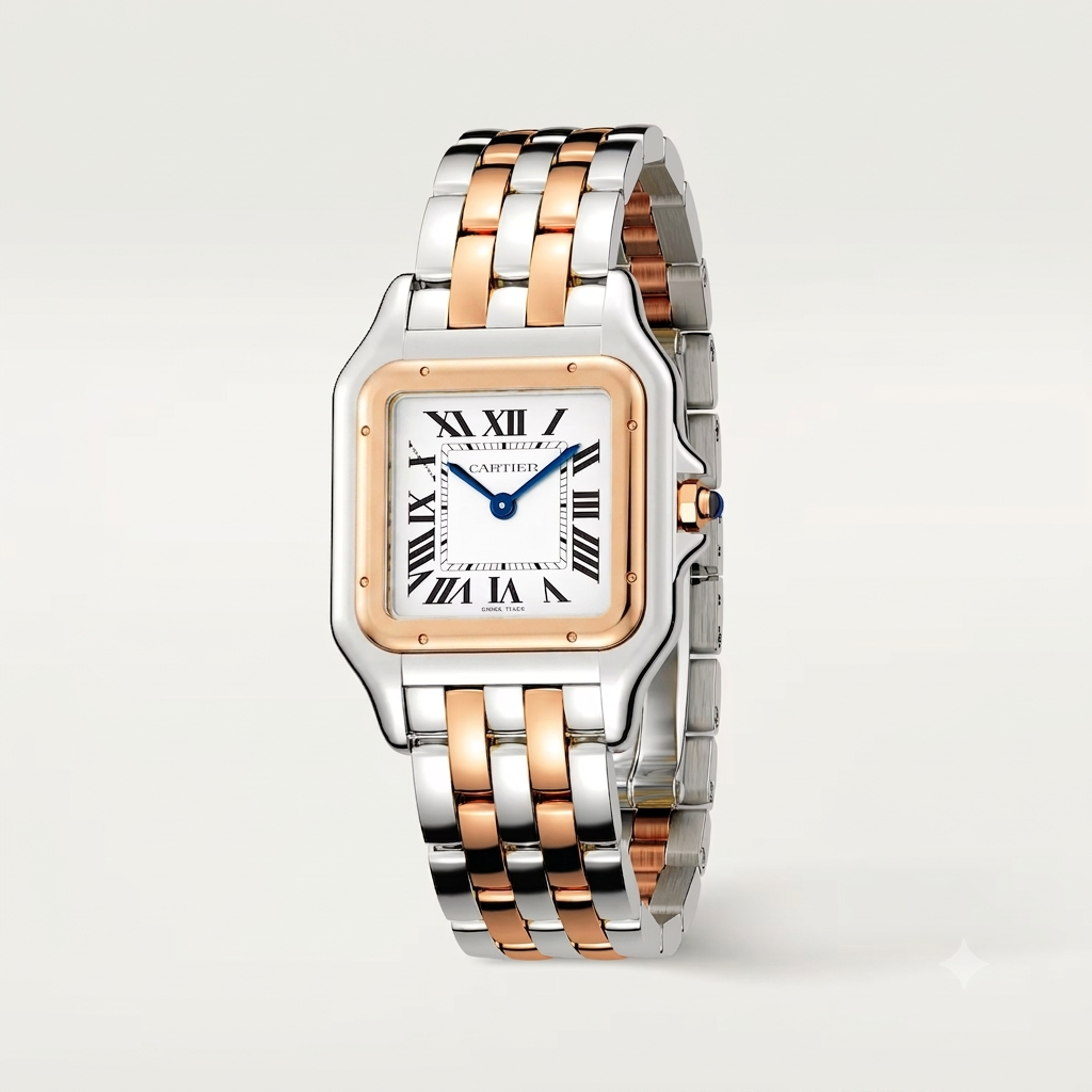Cartier Panthère de Cartier women's quartz watch, medium model case, silver dial, two-tone rose gold-tone stainless steel bracelet – angle view