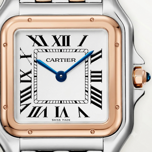 Cartier Panthère de Cartier women's quartz watch, medium model case, silver dial, two-tone rose gold-tone stainless steel bracelet – dial close-up