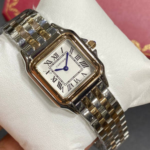 Cartier Panthère de Cartier women's quartz watch, medium model case, silver dial, two-tone rose gold-tone stainless steel bracelet – in hand view