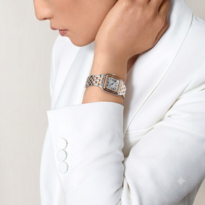 Cartier Panthère de Cartier women's quartz watch, medium model case, silver dial, two-tone rose gold-tone stainless steel bracelet – lifestyle view