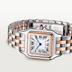Cartier Panthère de Cartier women's quartz watch, medium model case, silver dial, two-tone rose gold-tone stainless steel bracelet – side view