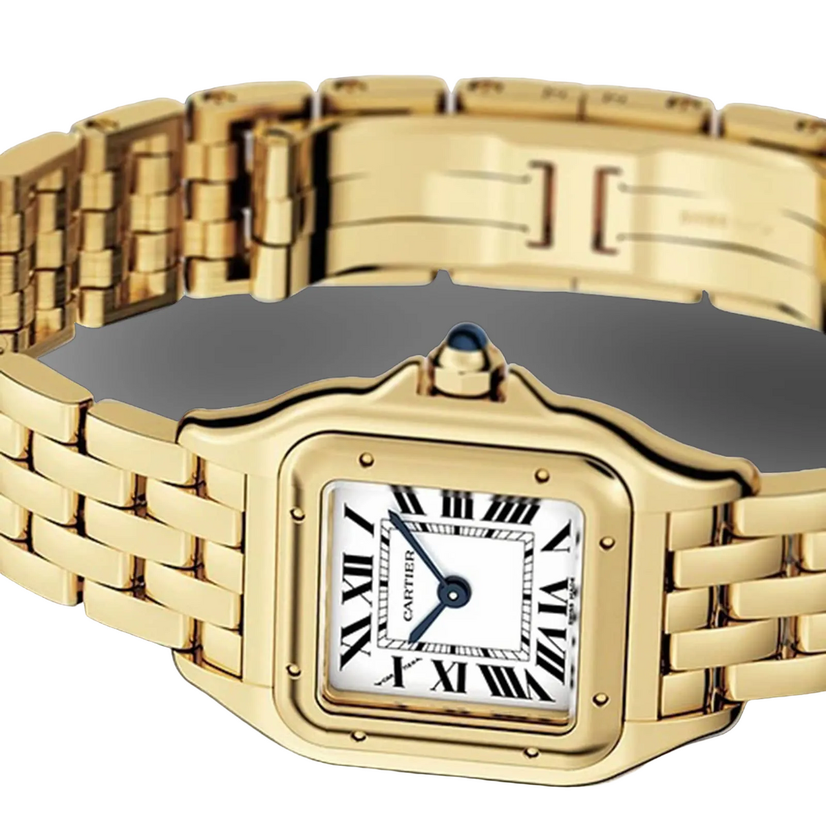 Cartier Panthère de Cartier women's quartz watch, small model case, silver dial, gold-tone bracelet – angle view