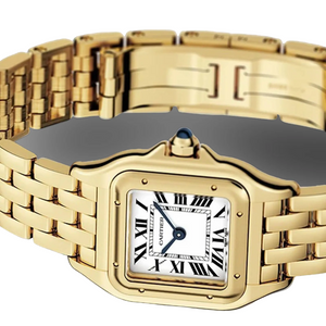 Cartier Panthère de Cartier women's quartz watch, small model case, silver dial, gold-tone bracelet – angle view