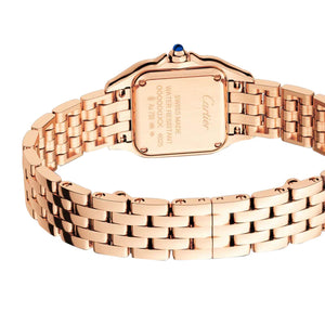 Cartier Panthère de Cartier women's quartz watch, small model case, silver dial, rose gold-tone bracelet – caseback view