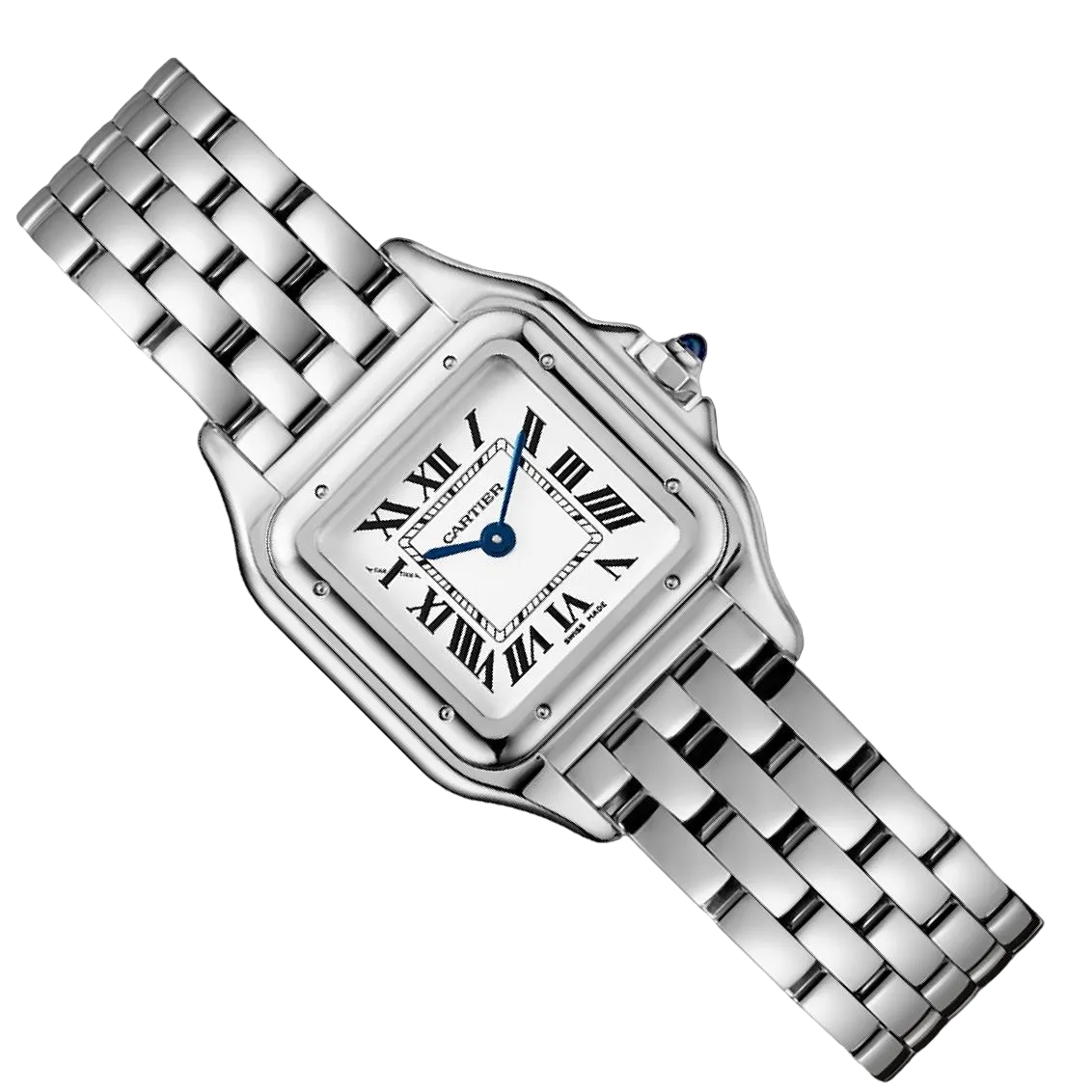 Cartier Panthère de Cartier women's quartz watch, small model case, silver dial, stainless steel bracelet – angle view