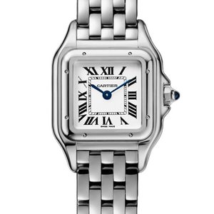 Cartier Panthère de Cartier women's quartz watch, small model case, silver dial, stainless steel bracelet – full front view