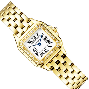 Cartier Panthère de Cartier women's quartz watch, small model case, silver dial, stone-set bezel, gold-tone bracelet – angle view