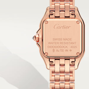 Cartier Panthère de Cartier women's quartz watch, small model case, silver dial, stone-set bezel, rose gold-tone bracelet – caseback view