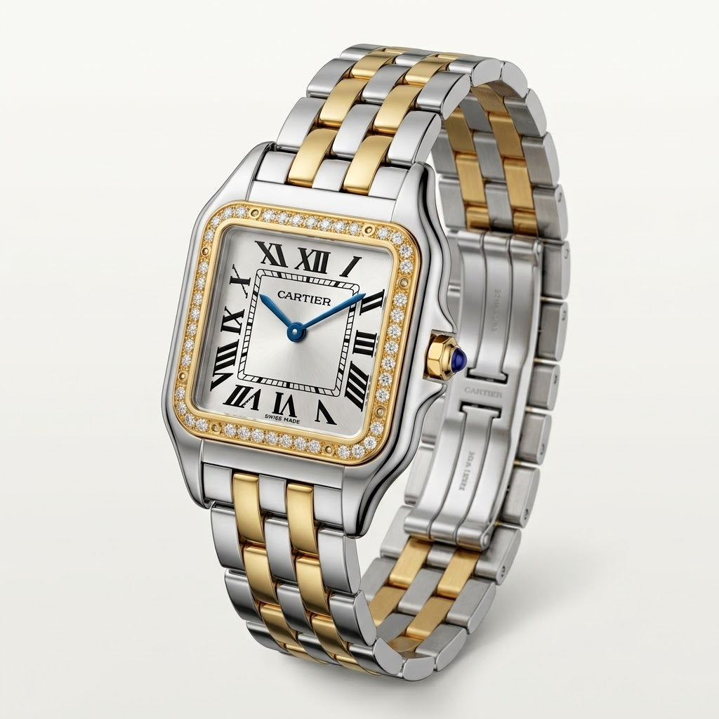 Cartier Panthère de Cartier women's quartz watch, small model case, silver dial, stone-set bezel, two-tone gold-tone stainless steel bracelet – view 2