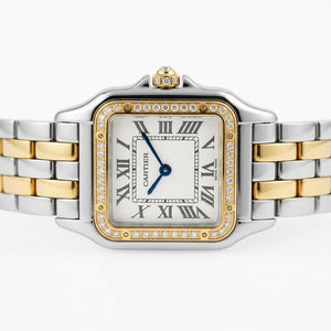 Cartier Panthère de Cartier women's quartz watch, small model case, silver dial, stone-set bezel, two-tone gold-tone stainless steel bracelet – view 5