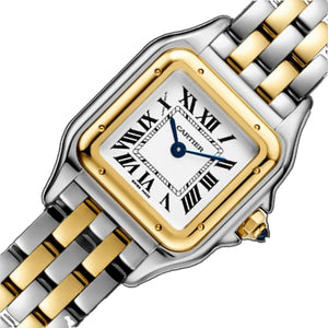 Cartier Panthère de Cartier women's quartz watch, small model case, silver dial, two-tone gold-tone stainless steel bracelet – angle view