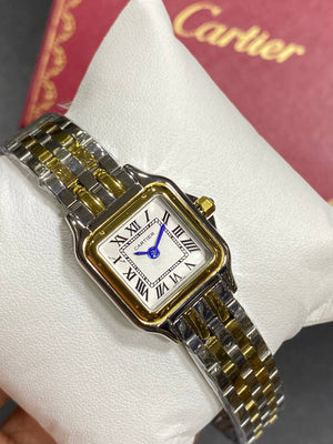 Cartier Panthère de Cartier women's quartz watch, small model case, silver dial, two-tone gold-tone stainless steel bracelet – in hand view
