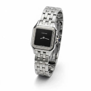 Cartier Panthère de Cartier women's quartz watch, black dial, stone-set bezel, silver stainless steel bracelet – angle view