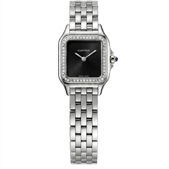Cartier Panthère de Cartier women's quartz watch, black dial, stone-set bezel, silver stainless steel bracelet – full front view