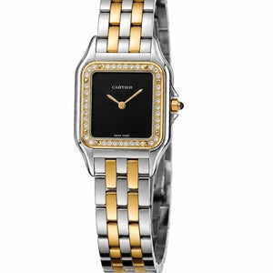 Cartier Panthère de Cartier women's quartz watch, black dial, stone-set bezel, two-tone stainless steel bracelet – full front view