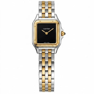 Cartier Panthère de Cartier women's quartz watch, black dial, two-tone stainless steel bracelet – front view