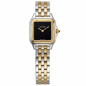 Cartier Panthère de Cartier women's quartz watch, black dial, two-tone stainless steel bracelet – full front view