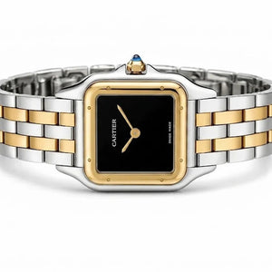 Cartier Panthère de Cartier women's quartz watch, black dial, two-tone stainless steel bracelet – side view