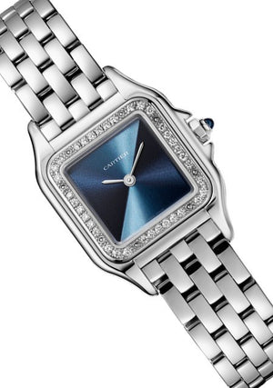 Cartier Panthère de Cartier women's quartz watch, blue dial, stone-set bezel, silver stainless steel bracelet – angle close-up
