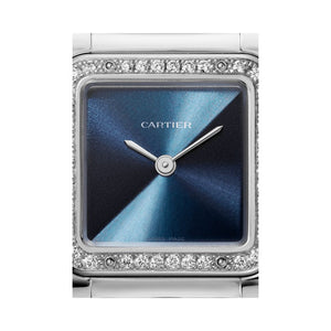 Cartier Panthère de Cartier women's quartz watch, blue dial, stone-set bezel, silver stainless steel bracelet – dial close-up