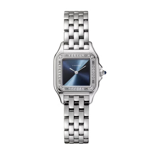 Cartier Panthère de Cartier women's quartz watch, blue dial, stone-set bezel, silver stainless steel bracelet – front view