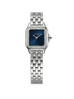 Cartier Panthère de Cartier women's quartz watch, blue dial, stone-set bezel, silver stainless steel bracelet – full front view