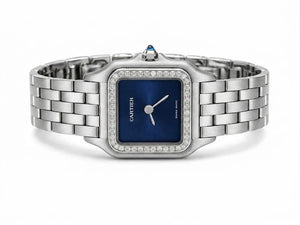 Cartier Panthère de Cartier women's quartz watch, blue dial, stone-set bezel, silver stainless steel bracelet – side view