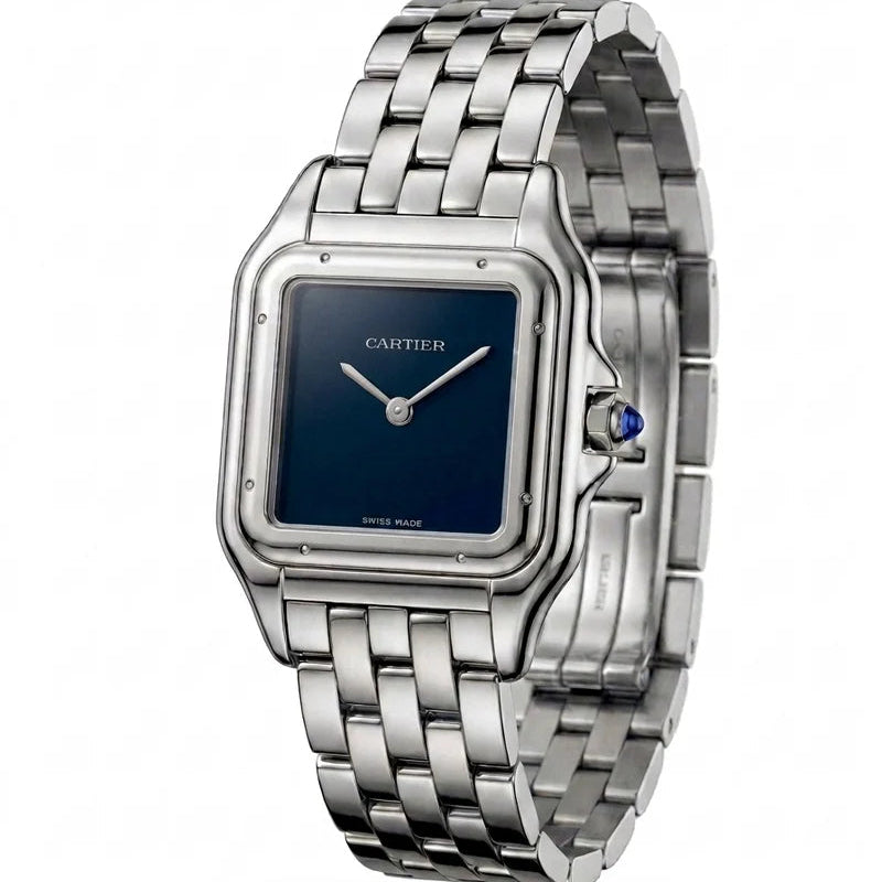 Cartier Panthère de Cartier women's quartz watch, blue sunray dial, silver stainless steel bracelet – front close-up