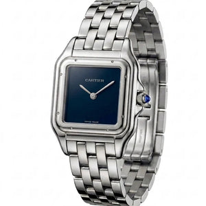 Cartier Panthère de Cartier women's quartz watch, blue sunray dial, silver stainless steel bracelet – front close-up