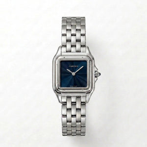 Cartier Panthère de Cartier women's quartz watch, blue sunray dial, silver stainless steel bracelet – full front view